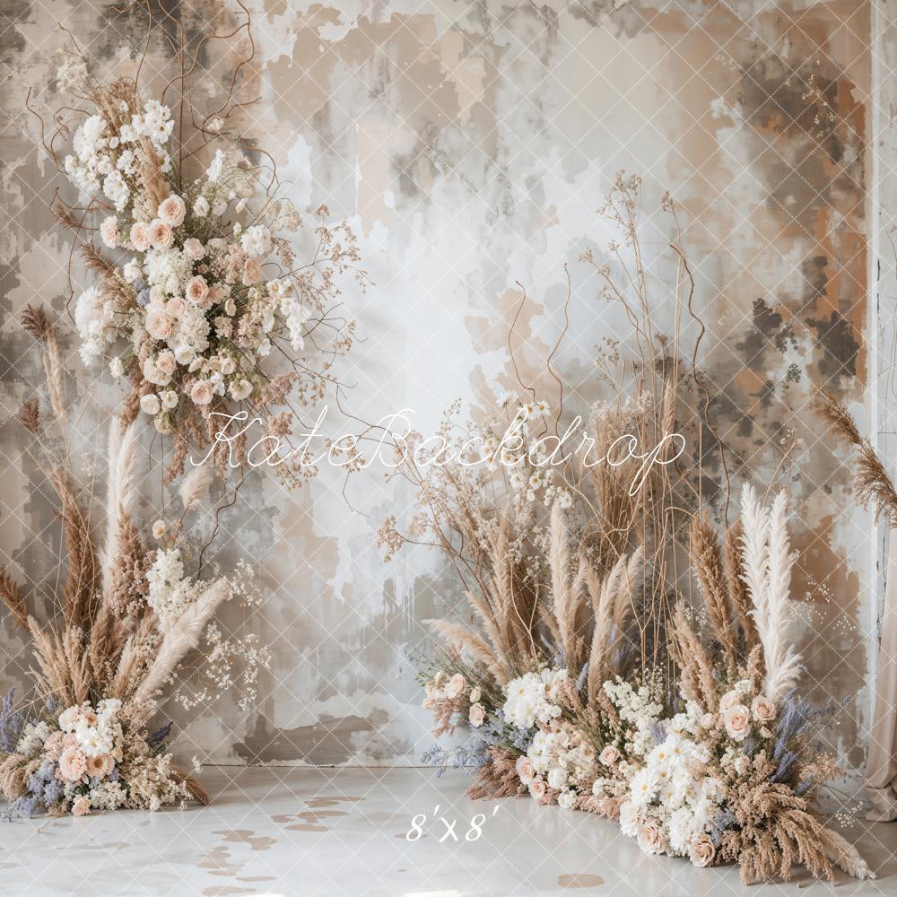 Kate Boho Abstract Art Flower Reed Light Grey Wall Backdrop Designed by Emetselch