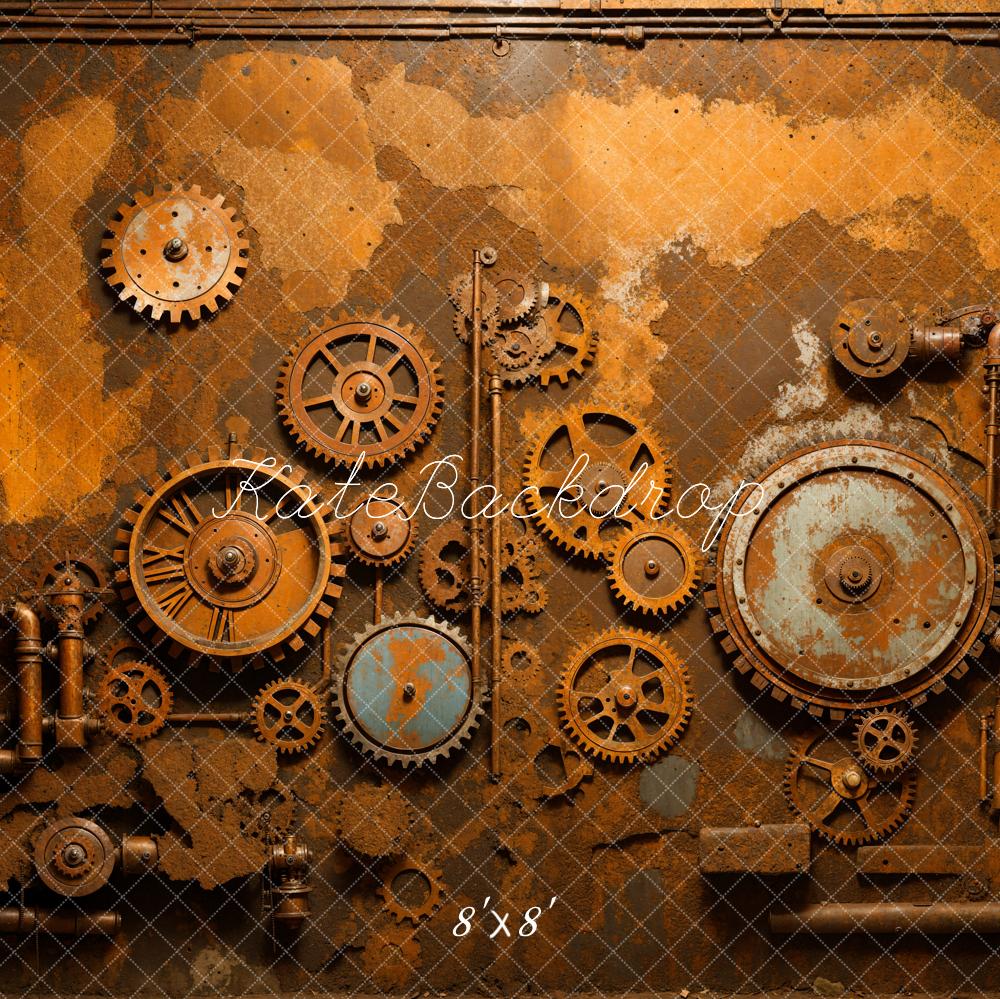 Kate Steampunk Rusty Iron Gear Component Dark Brown Wall Backdrop Designed by Emetselch