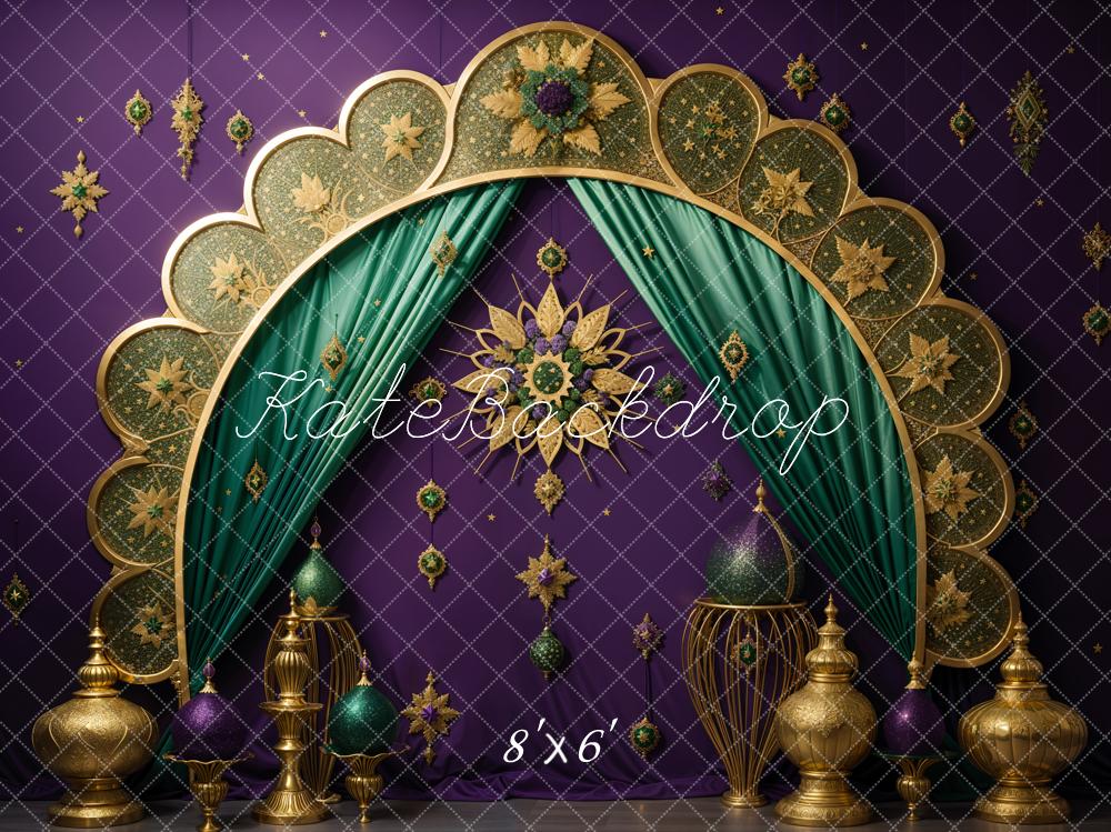 Kate Golden Crescent Arch and Green Curtain Backdrop Backdrop Designed by Emetselch