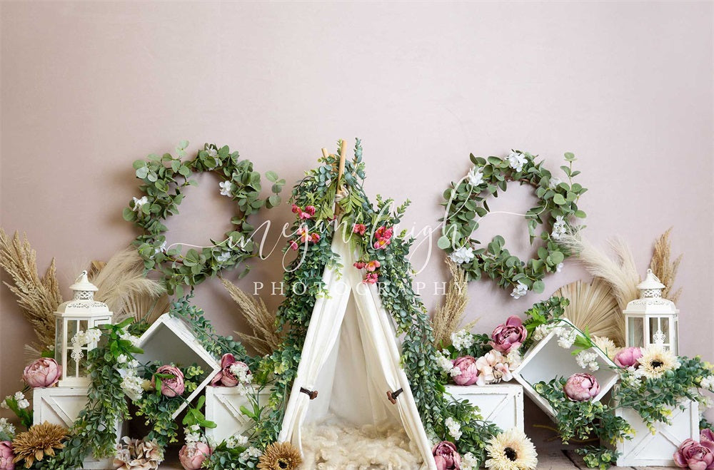 Kate Spring Boho Green Plants Wreath White Camping Tent Pink Wall Backdrop Designed by Megan Leigh Photography