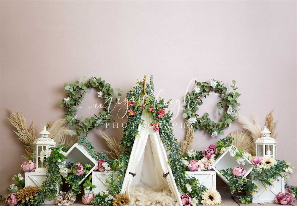 Kate Spring Boho Green Plants Wreath White Camping Tent Pink Wall Backdrop Designed by Megan Leigh Photography