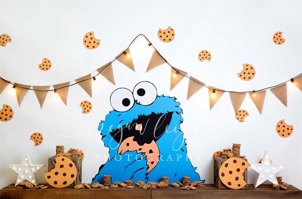 Kate Blue Cartoon Cookie Monster Cake Smash Birthday Backdrop Designed by Megan Leigh Photography