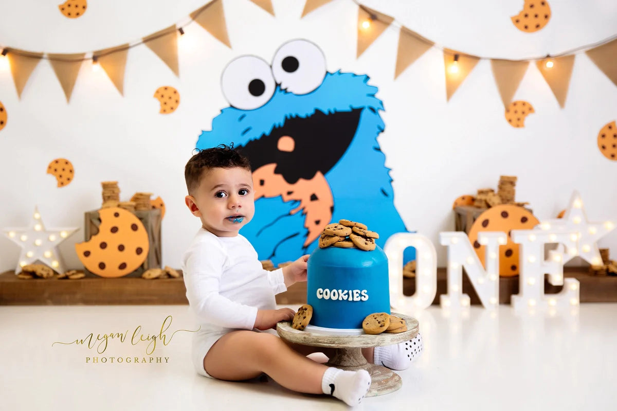 Kate Blue Cartoon Cookie Monster Cake Smash Birthday Backdrop Designed by Megan Leigh Photography