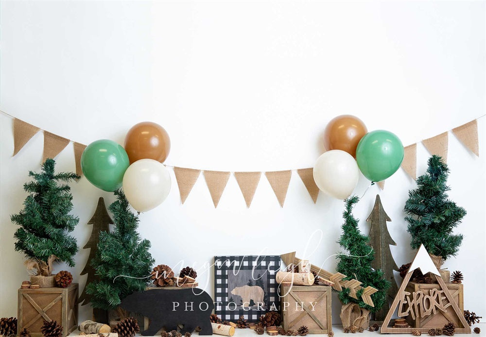 Kate Cake Smash Little Explorer Forest Bear Balloon Backdrop Designed by Megan Leigh Photography