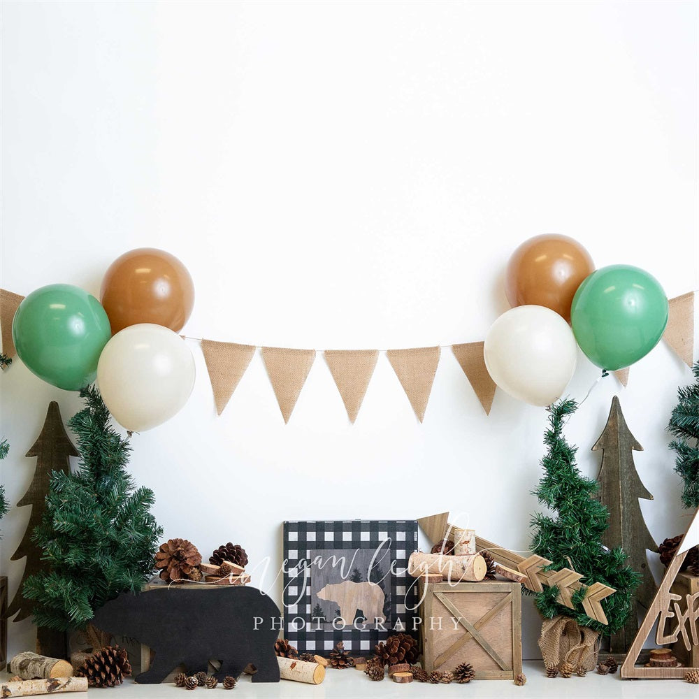 Kate Cake Smash Little Explorer Forest Bear Balloon Backdrop Designed by Megan Leigh Photography
