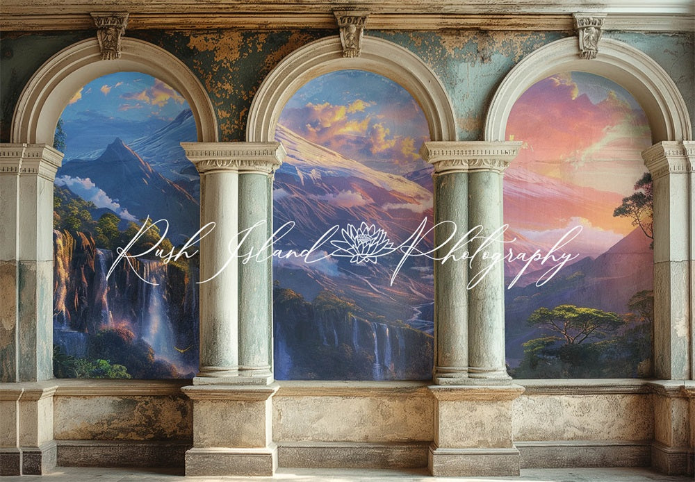 Kate Retro Painted Cloud Mountain Waterfall Arched Column Wall Backdrop Designed by Laura Bybee