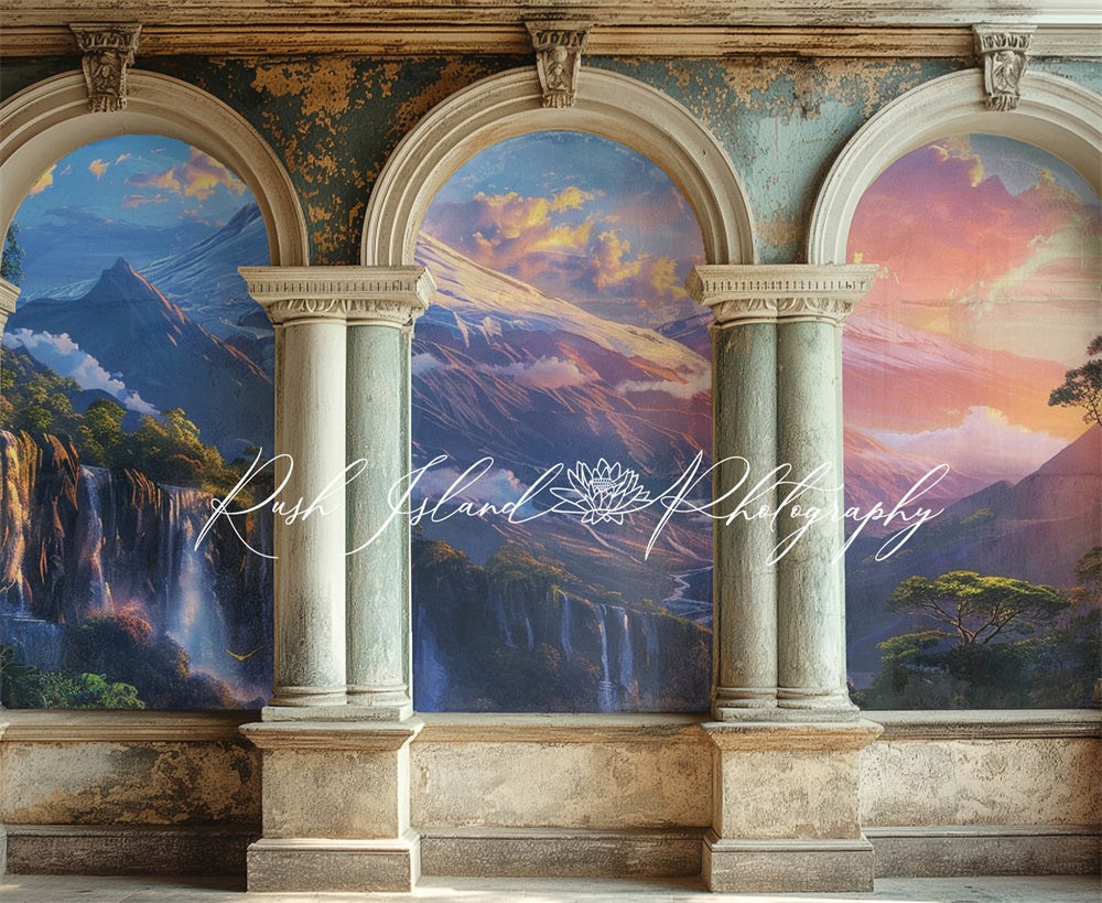 Kate Retro Painted Cloud Mountain Waterfall Arched Column Wall Backdrop Designed by Laura Bybee