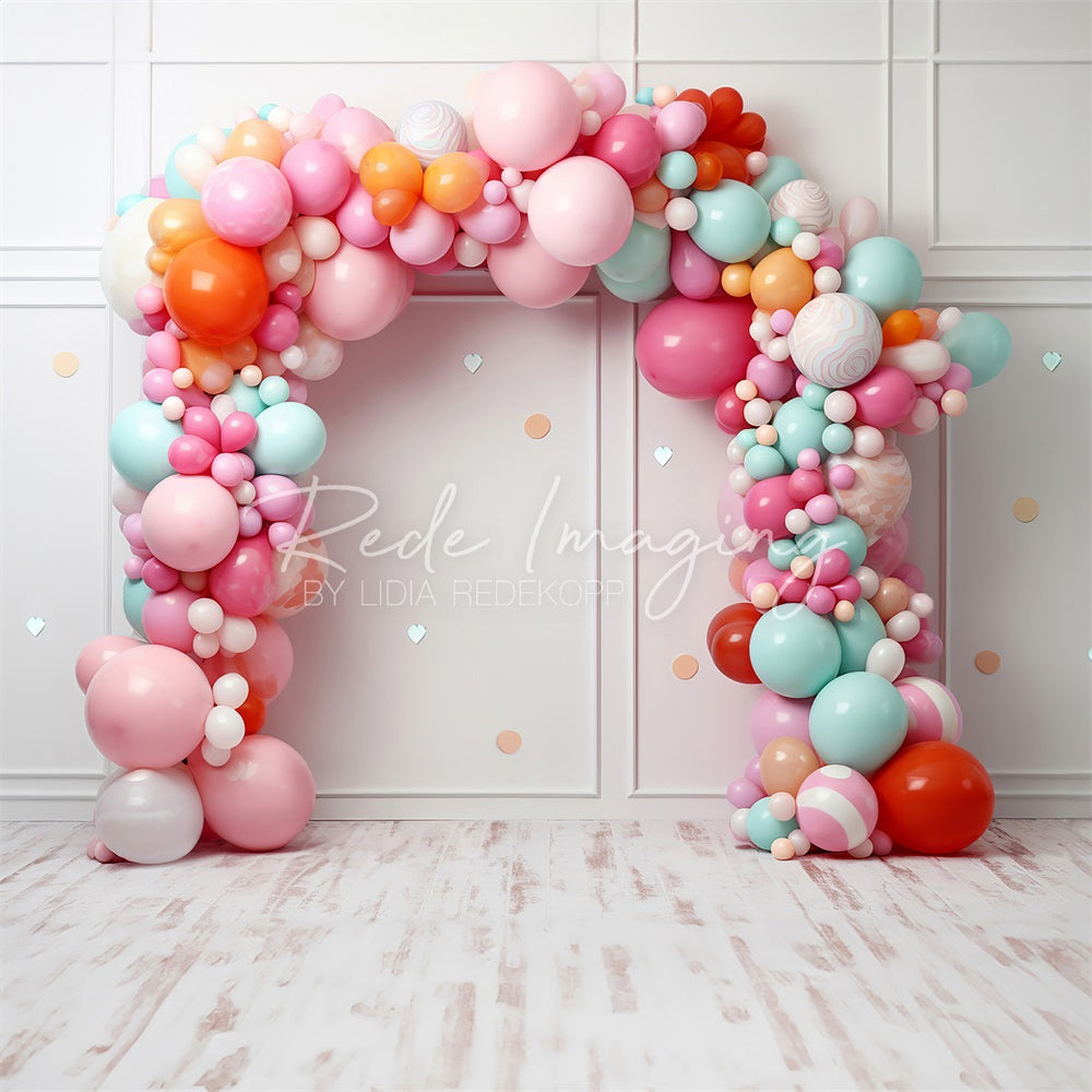 Kate Birthday Cake Smash Light Pink Line Wall Colorful Balloon and Confetti Arch Backdrop Designed by Lidia Redekopp