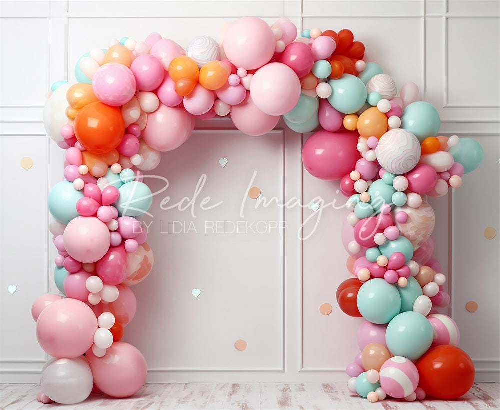 Kate Birthday Cake Smash Light Pink Line Wall Colorful Balloon and Confetti Arch Backdrop Designed by Lidia Redekopp