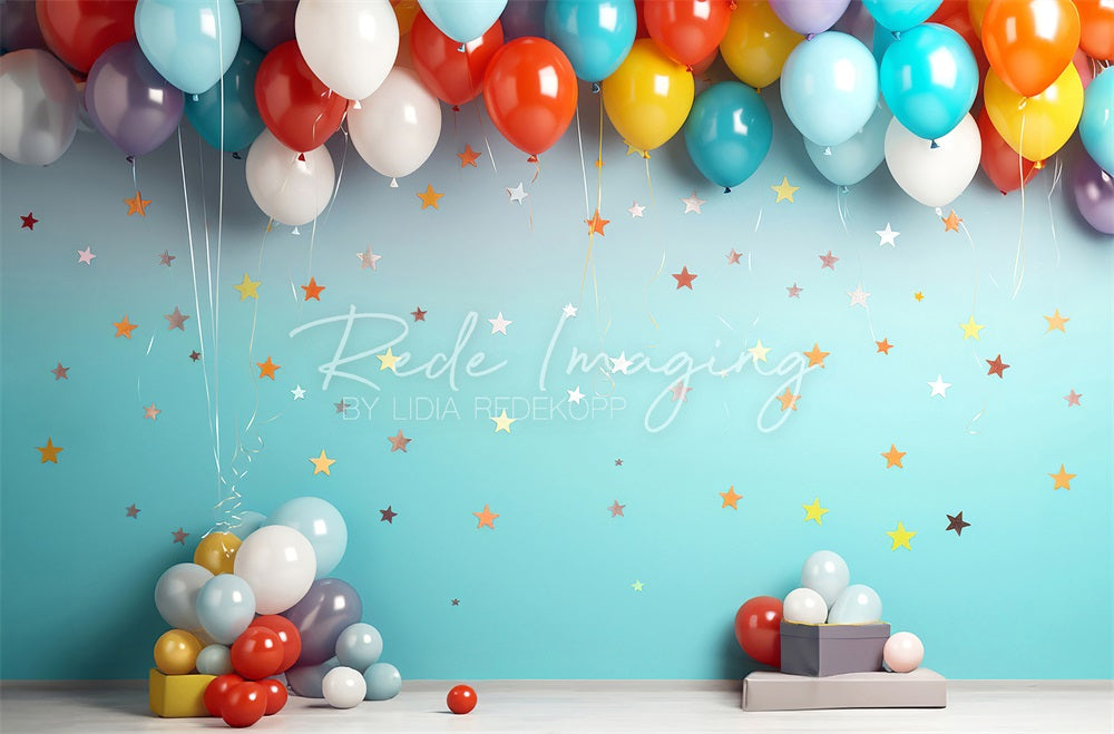 Kate Cake Smash Birthday Gift Colorful Balloon Star White and Blue Gradient Wall Backdrop Designed by Lidia Redekopp