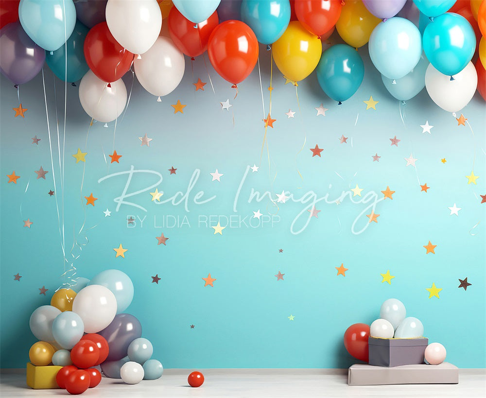 Kate Cake Smash Birthday Gift Colorful Balloon Star White and Blue Gradient Wall Backdrop Designed by Lidia Redekopp