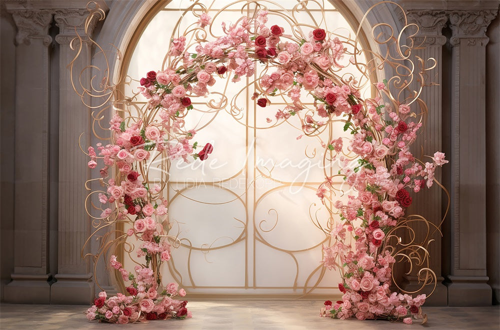 Kate Valentine's Day Fantasy Pink Rose Arch Window Door Backdrop Designed by Lidia Redekopp