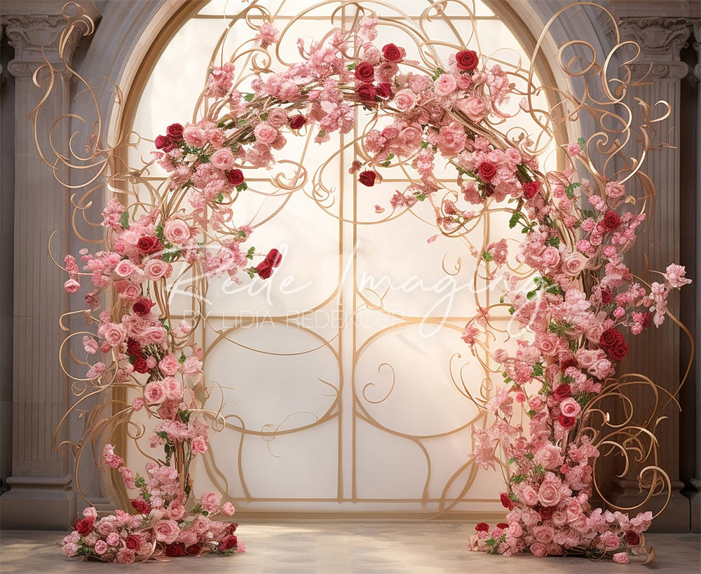 Kate Valentine's Day Fantasy Pink Rose Arch Window Door Backdrop Designed by Lidia Redekopp