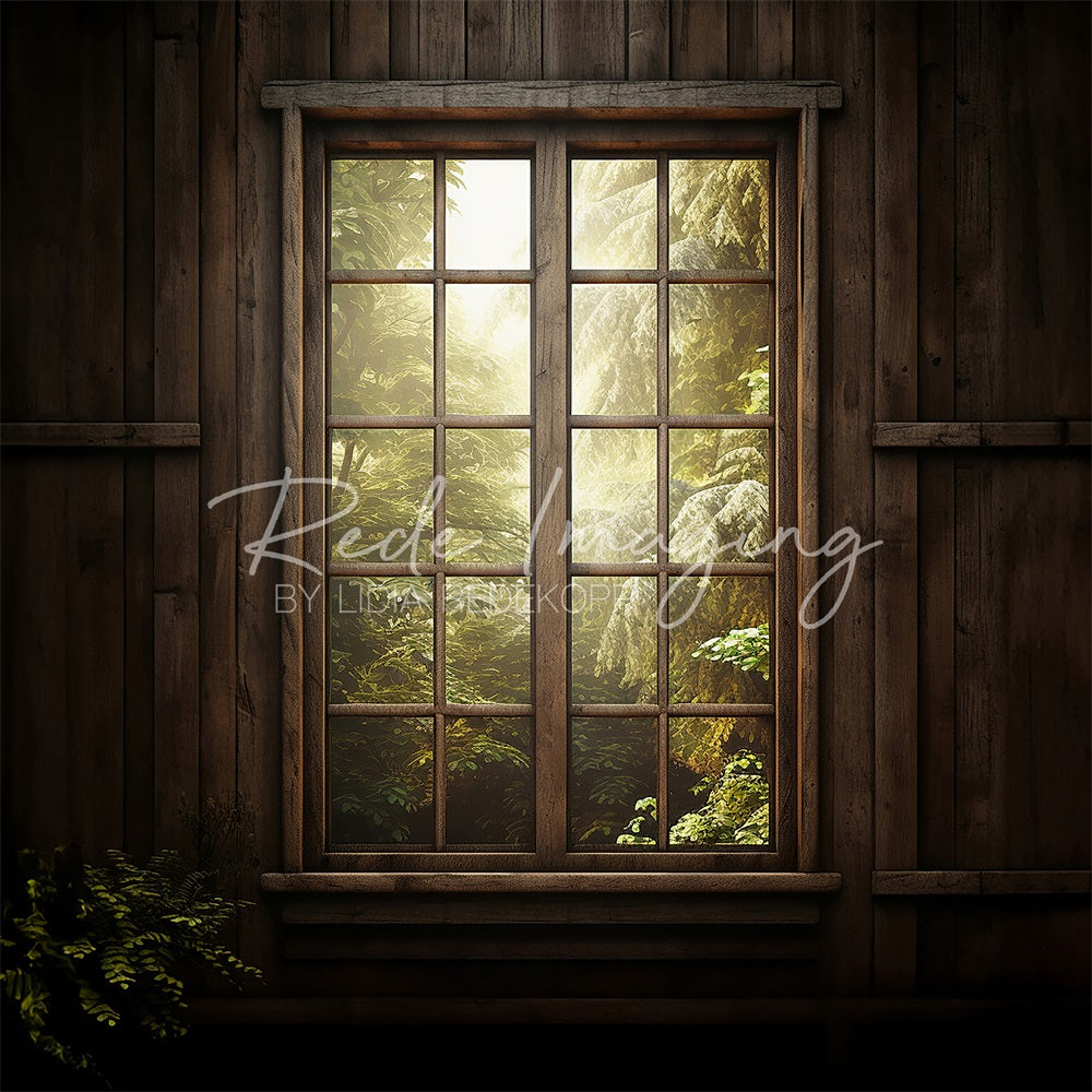 Kate Spring Forest Dark Wooden Cabin Window Backdrop Designed by Lidia Redekopp