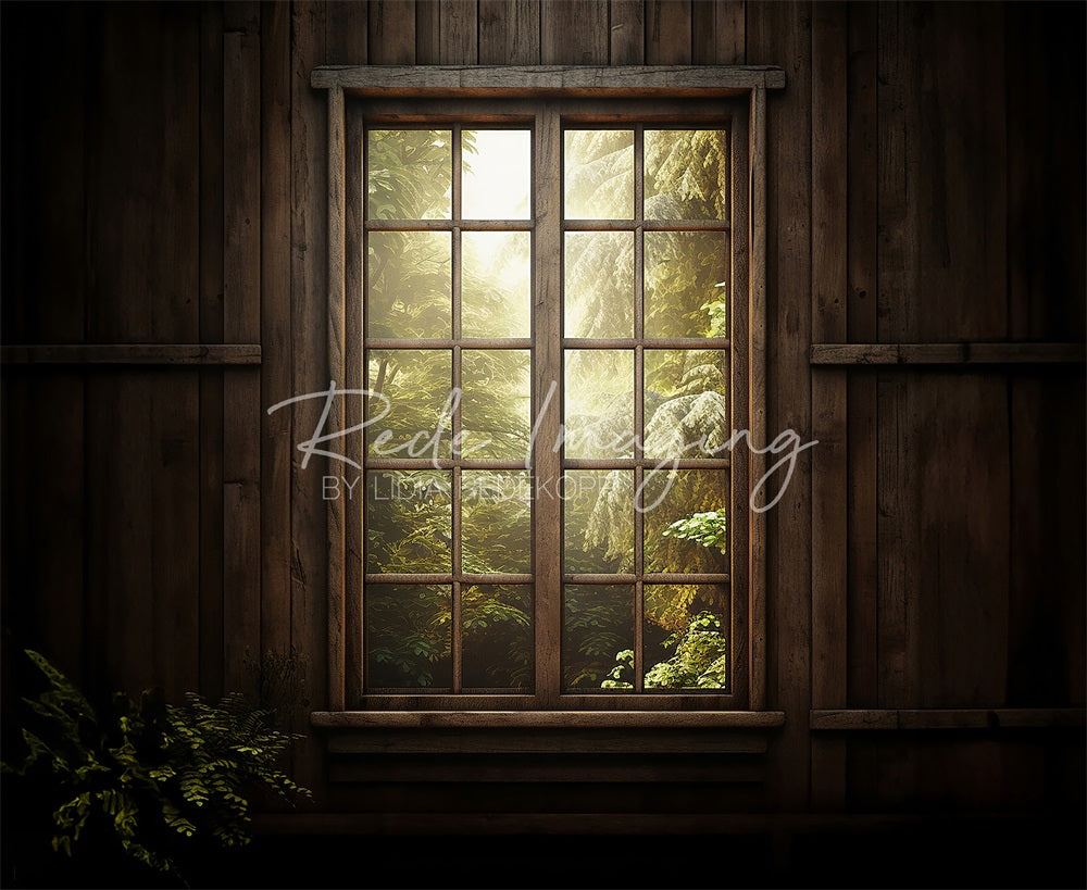 Kate Spring Forest Dark Wooden Cabin Window Backdrop Designed by Lidia Redekopp