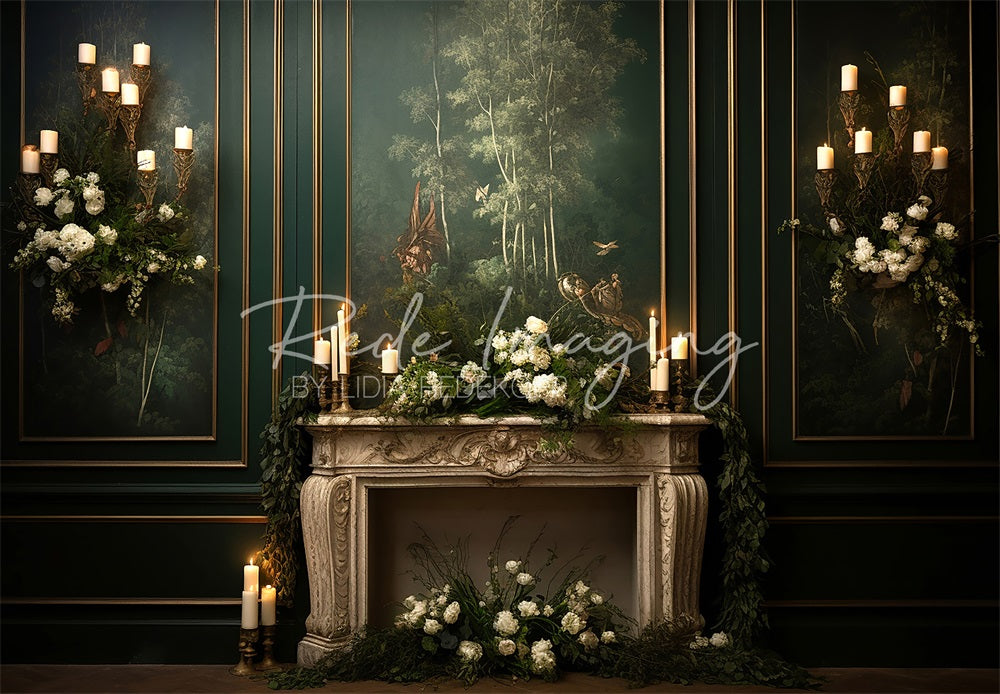 Kate Vintage Green Striped Wall White Floral Candle Fireplace Backdrop Designed by Lidia Redekopp