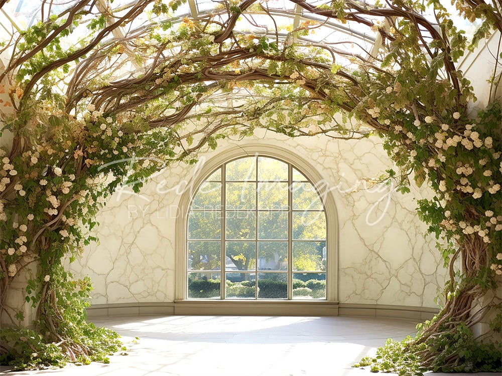 Kate Summer Branch Vine Flower Veranda White Arched Window Door Backdrop Designed by Lidia Redekopp