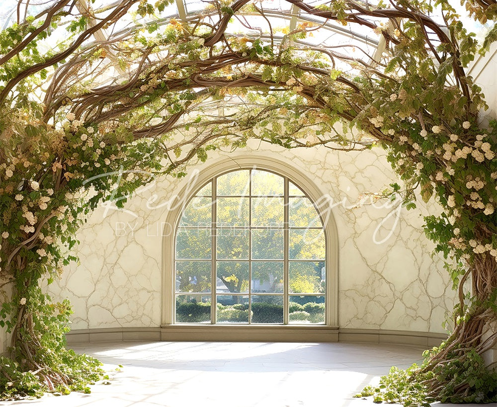 Kate Summer Branch Vine Flower Veranda White Arched Window Door Backdrop Designed by Lidia Redekopp