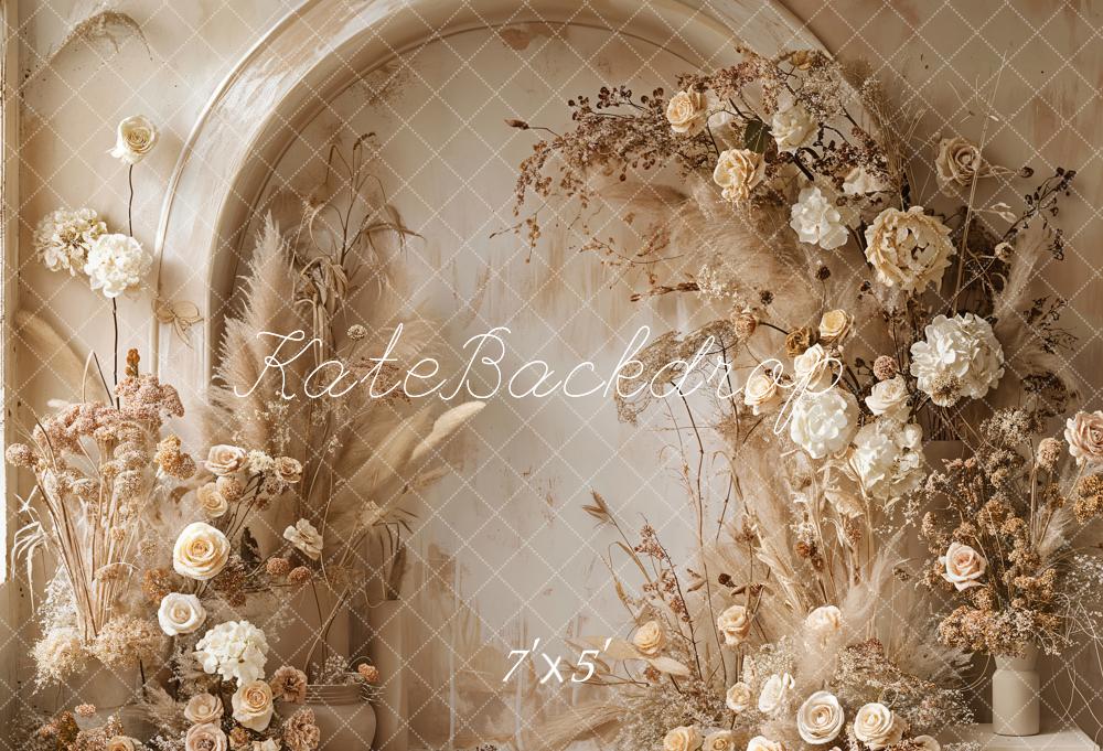 Kate Boho Light Beige Reed White Floral Arched Wall Backdrop Designed by Emetselch