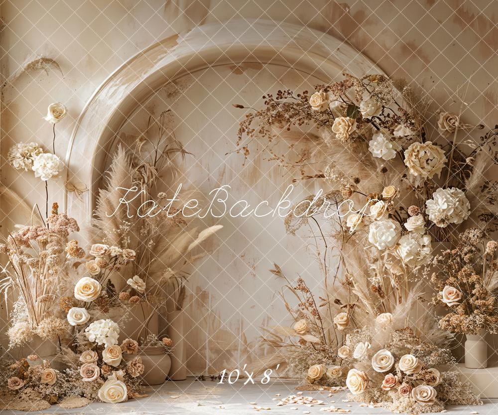 Kate Boho Light Beige Reed White Floral Arched Wall Backdrop Designed by Emetselch