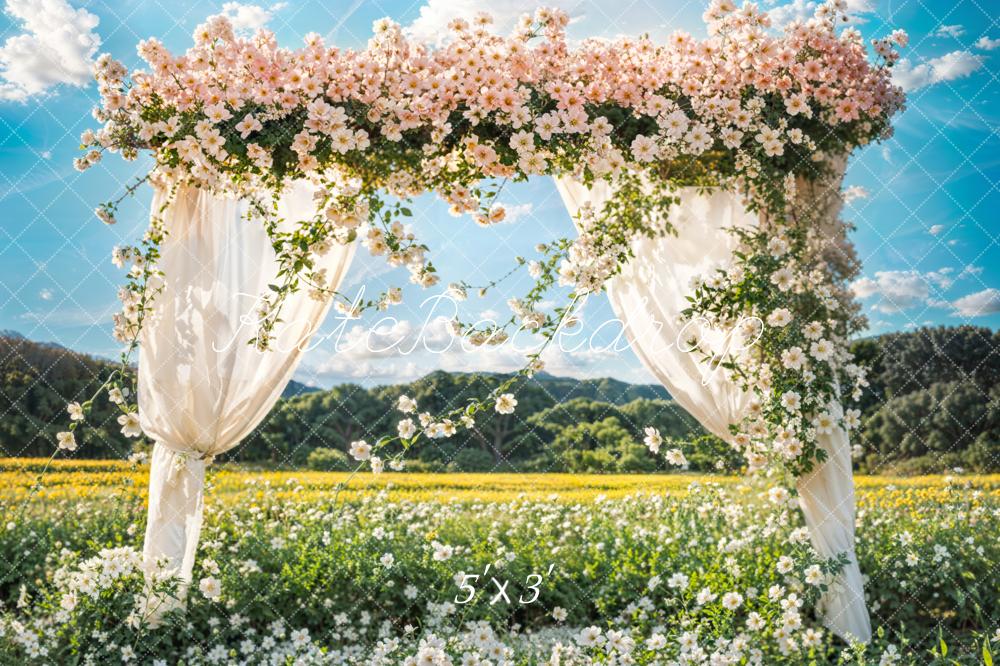 Kate Summer Wedding Pink Flower White Curtain Meadow Green Mountain Blue Sky White Cloud Backdrop Designed by Emetselch