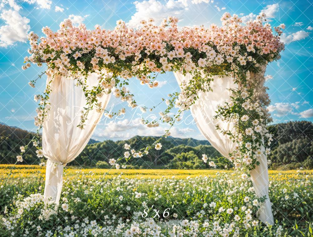 Kate Summer Wedding Pink Flower White Curtain Meadow Green Mountain Blue Sky White Cloud Backdrop Designed by Emetselch