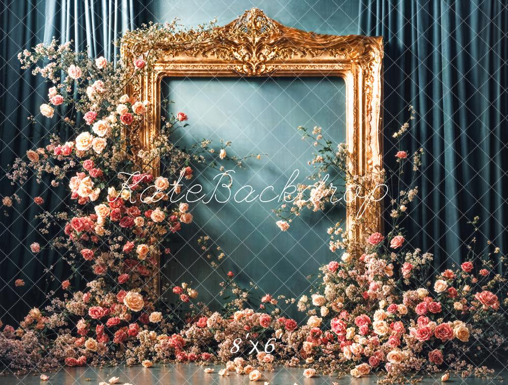 Kate Vintage Colorful Floral Golden Frame Dark Green Curtain Wall Backdrop Designed by Emetselch