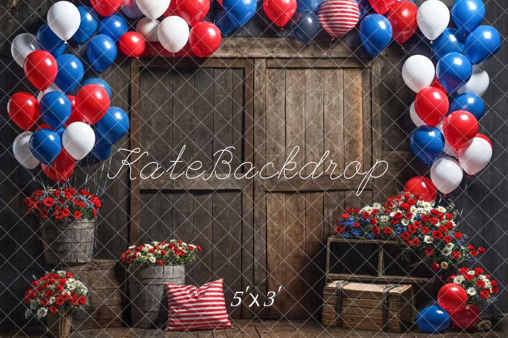 Kate Blue Balloon Red Flowers Dark Brown Barn Door Backdrop Designed by Emetselch