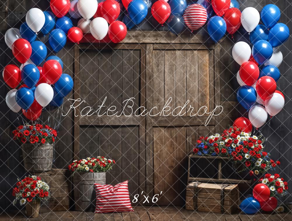 Kate Blue Balloon Red Flowers Dark Brown Barn Door Backdrop Designed by Emetselch