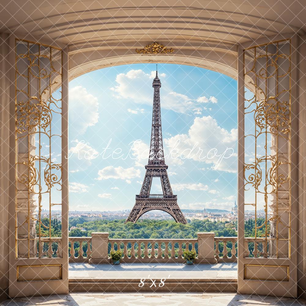 Kate Retro Beige Arched Balcony Blue Sky White Cloud Green Forest Paris Tower Backdrop Designed by Emetselch