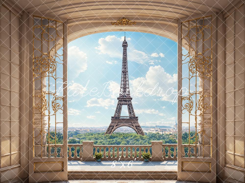 Kate Retro Beige Arched Balcony Blue Sky White Cloud Green Forest Paris Tower Backdrop Designed by Emetselch