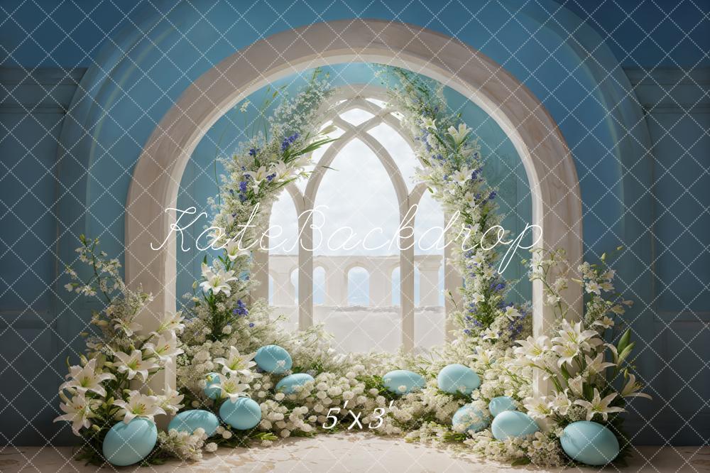 Kate Easter Eggs Light Blue Wall White Floral Arch Balcony Backdrop Designed by Emetselch