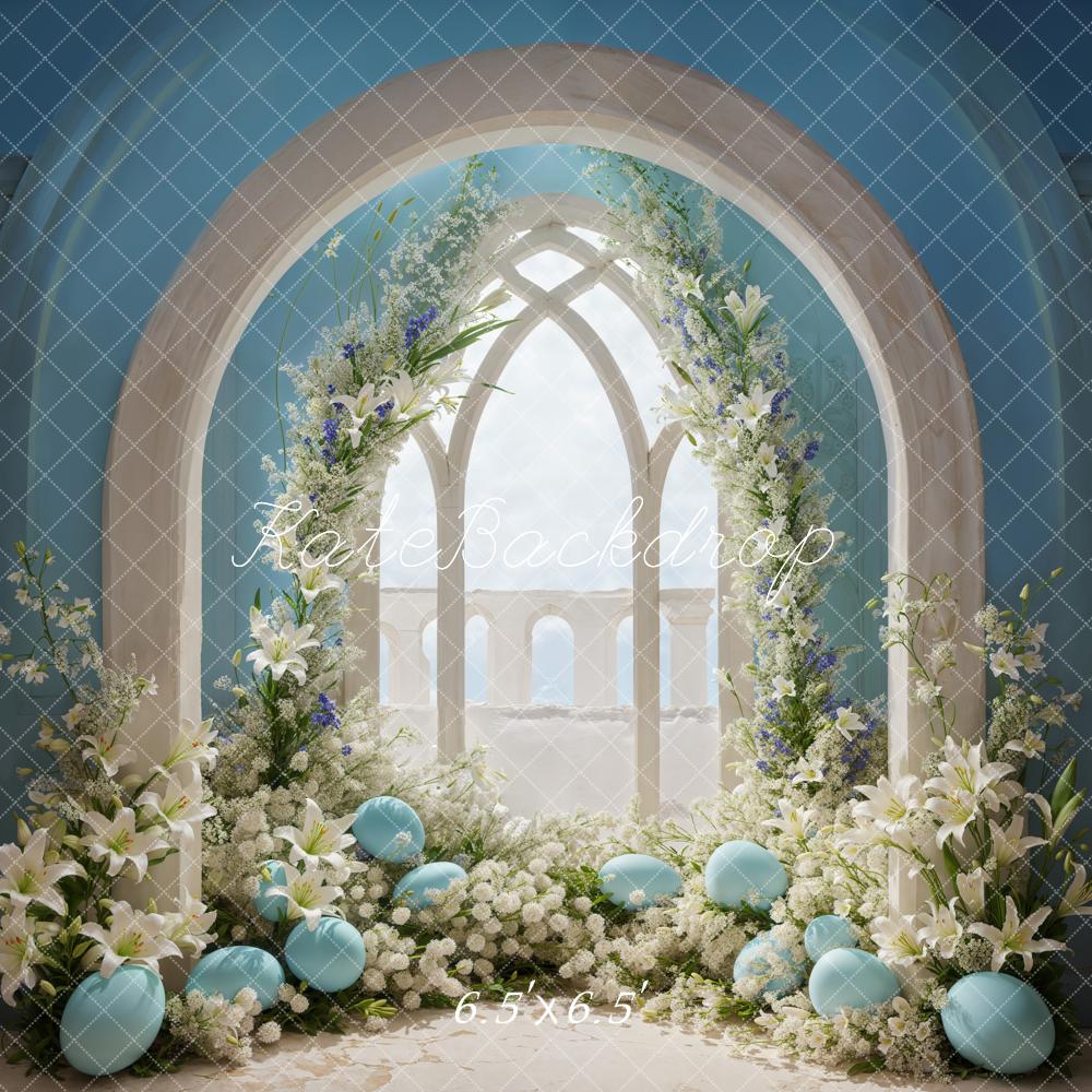 Kate Easter Eggs Light Blue Wall White Floral Arch Balcony Backdrop Designed by Emetselch