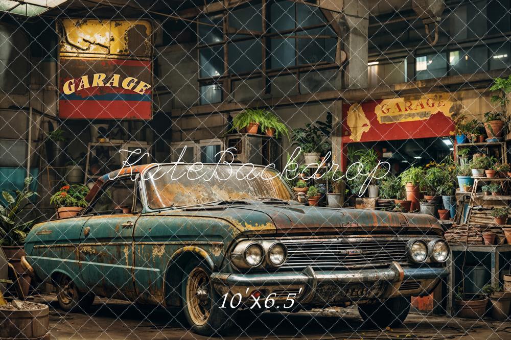 Kate Retro Garage Dark Green Car and Plants Backdrop Designed by Emetselch