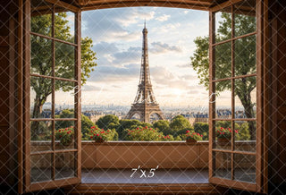 Ventana de balcón de madera oscura en París Torres de la ciudad del bosque Cielo azul y nubes blancas como telón de fondo diseñado por Emetselch
