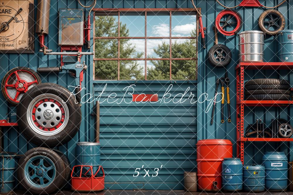 Kate Ink Blue Garage and Wall Metal Frame Window Forest Backdrop Designed by Emetselch