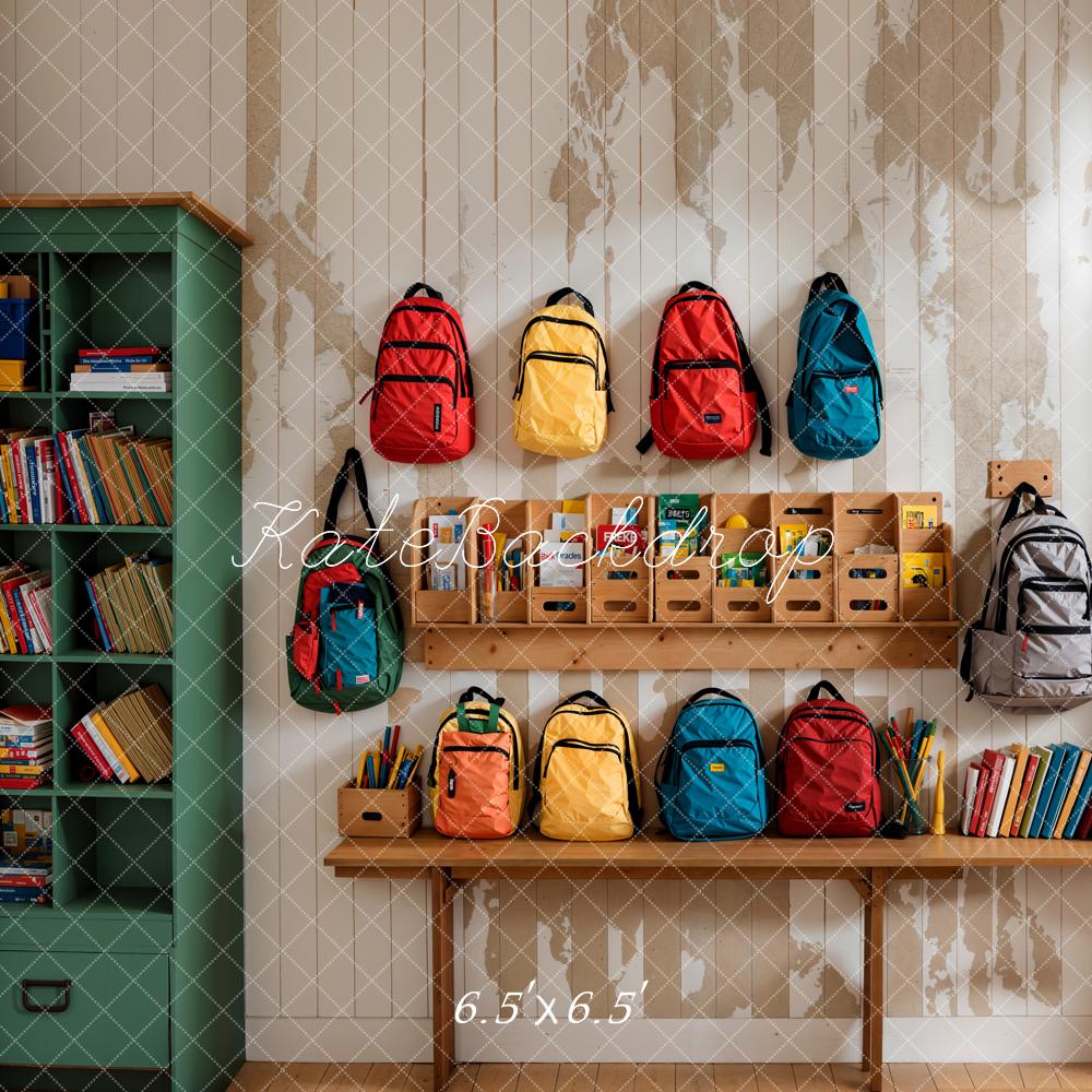 Kate Back to School Colorful Bags Green Bookshelf Light Beige Striped Wall Backdrop Designed by Emetselch