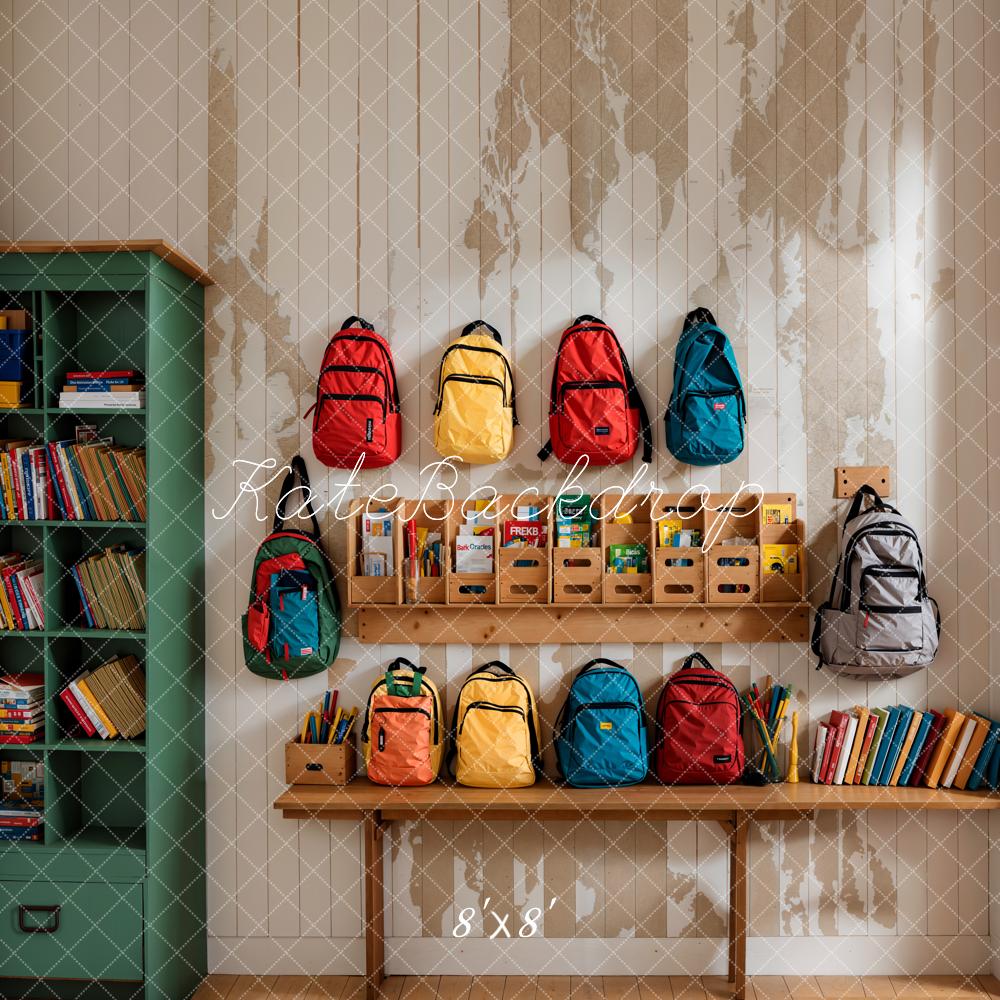 Kate Back to School Colorful Bags Green Bookshelf Light Beige Striped Wall Backdrop Designed by Emetselch