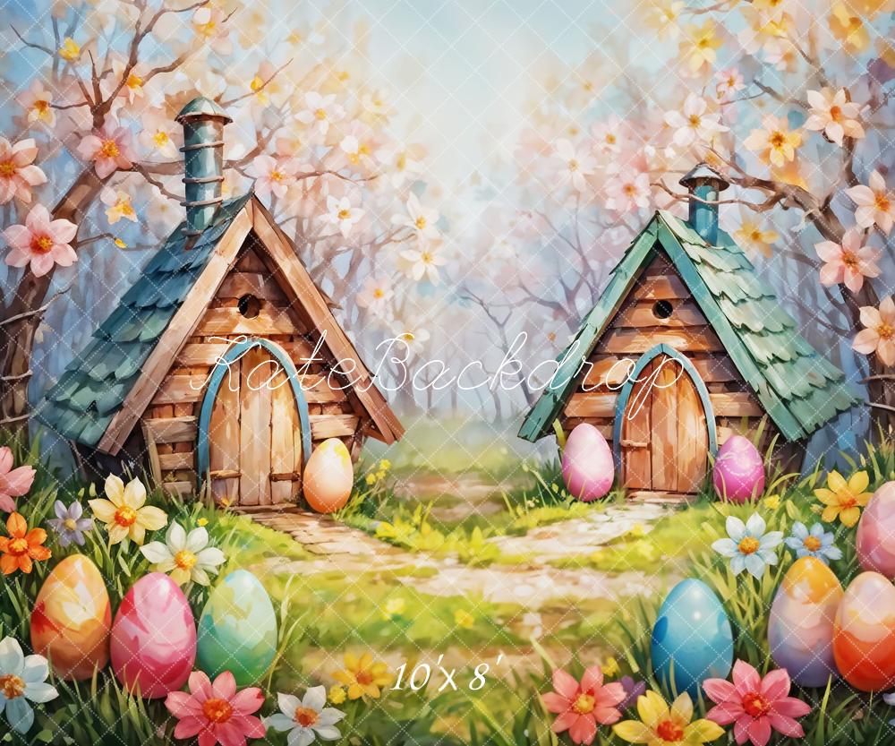 Kate Easter Egg Fine Art Colorful Flower Meadow Forest Green Cabin Backdrop Designed by Emetselch