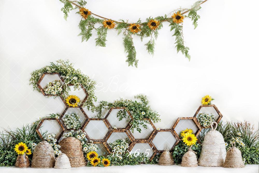 Kate Spring Yellow Sunflower Hexagonal Shelf Straw Beehive Backdrop Designed by Emetselch
