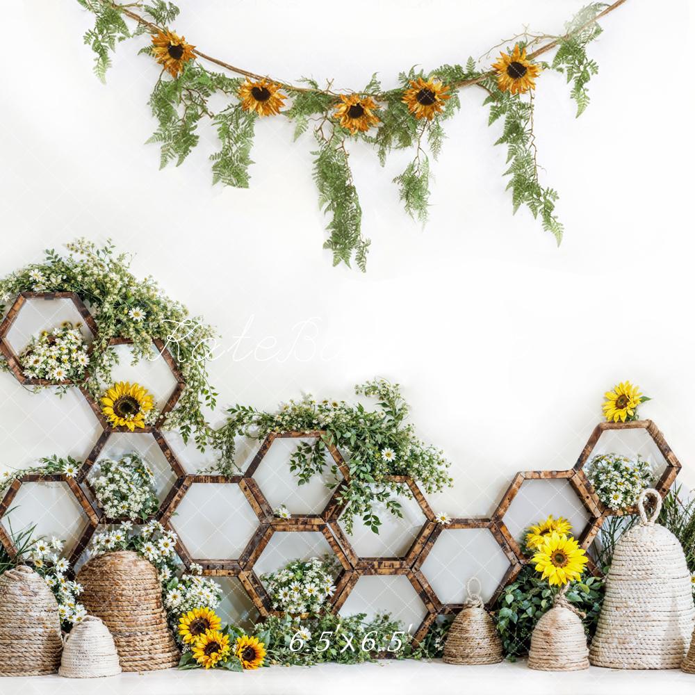 Kate Spring Yellow Sunflower Hexagonal Shelf Straw Beehive Backdrop Designed by Emetselch
