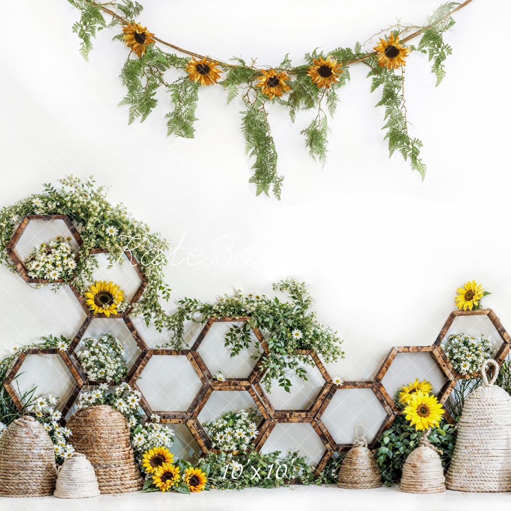 Kate Spring Yellow Sunflower Hexagonal Shelf Straw Beehive Backdrop Designed by Emetselch