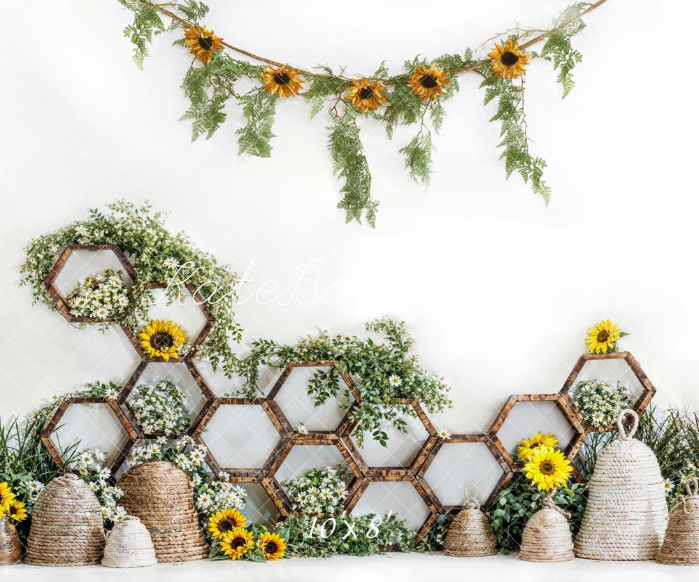 Kate Spring Yellow Sunflower Hexagonal Shelf Straw Beehive Backdrop Designed by Emetselch