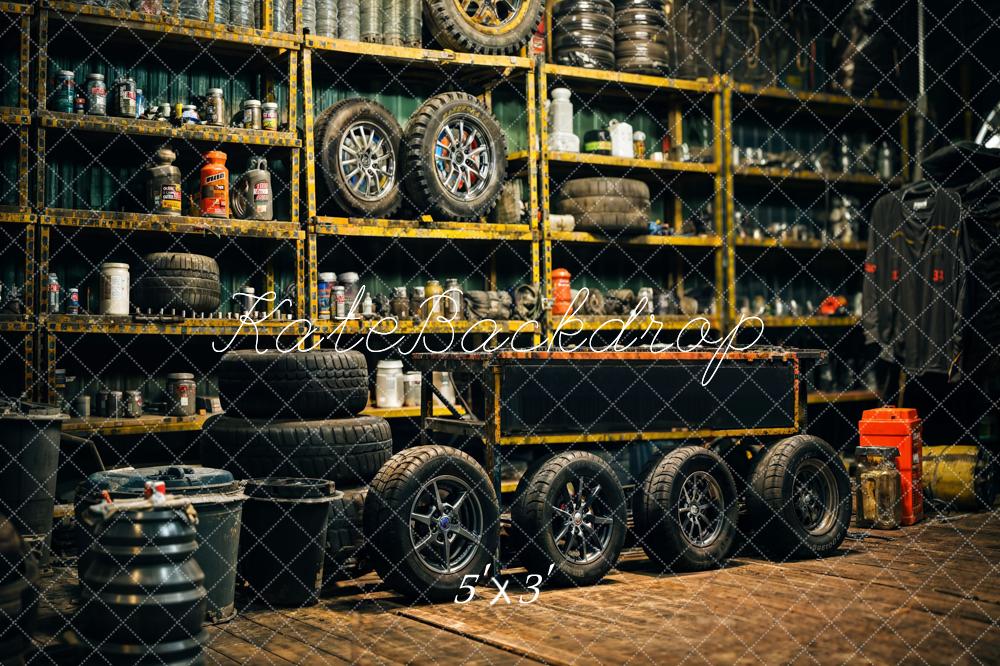 Kate Retro Black Gold Tire Garage Backdrop Designed by Emetselch