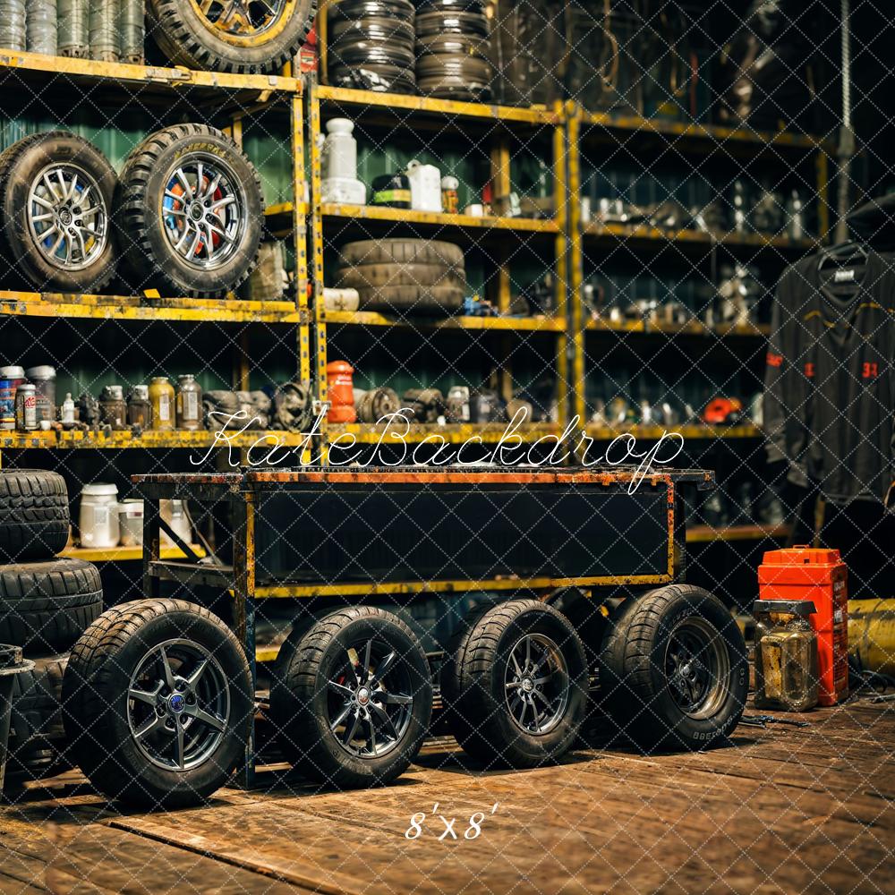 Kate Retro Black Gold Tire Garage Backdrop Designed by Emetselch
