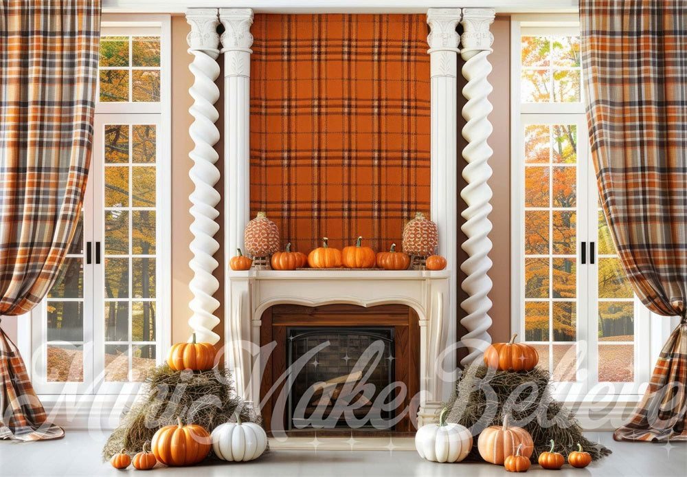 Kate Autumn Indoor Red Brown Plaid White Retro Column Fireplace Pumpkin Backdrop Designed by Mini MakeBelieve