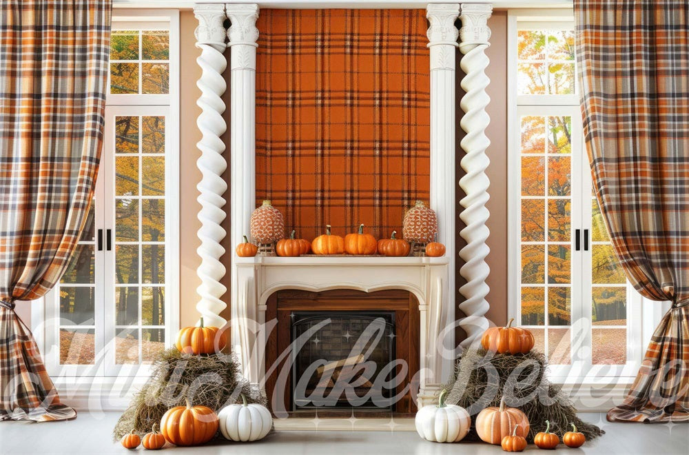 Kate Autumn Indoor Red Brown Plaid White Retro Column Fireplace Pumpkin Backdrop Designed by Mini MakeBelieve