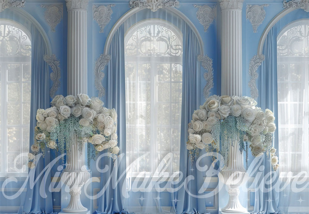 Kate White Flower Maternity Blue Retro Floral Curtain Arched Window Backdrop Designed by Mini MakeBelieve