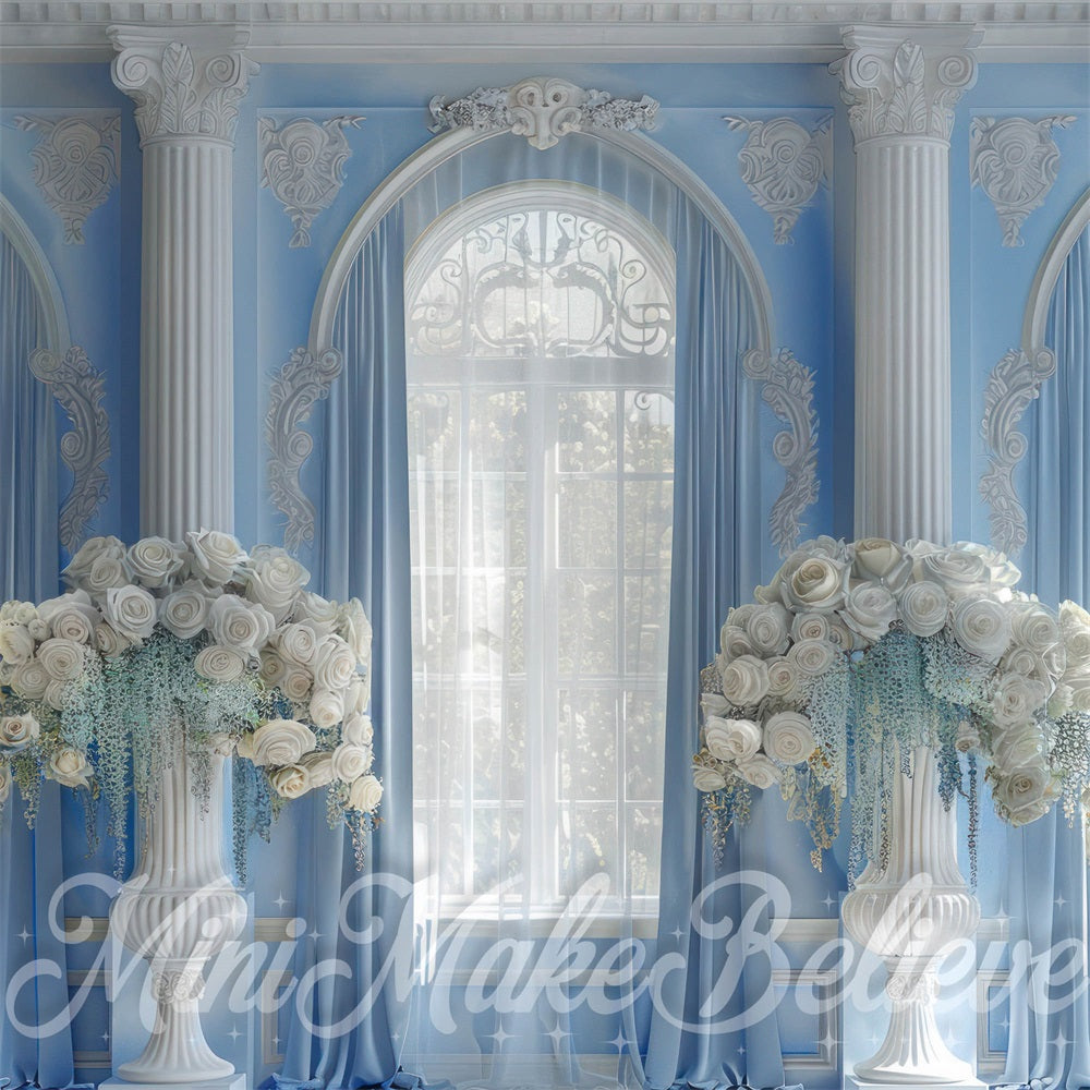Kate White Flower Maternity Blue Retro Floral Curtain Arched Window Backdrop Designed by Mini MakeBelieve