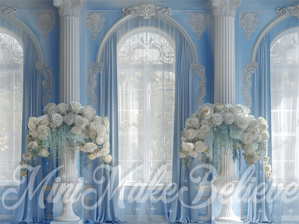Kate White Flower Maternity Blue Retro Floral Curtain Arched Window Backdrop Designed by Mini MakeBelieve